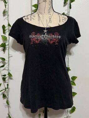 Harley-Davidson Black Tee with Red Graphic Scoop Neck